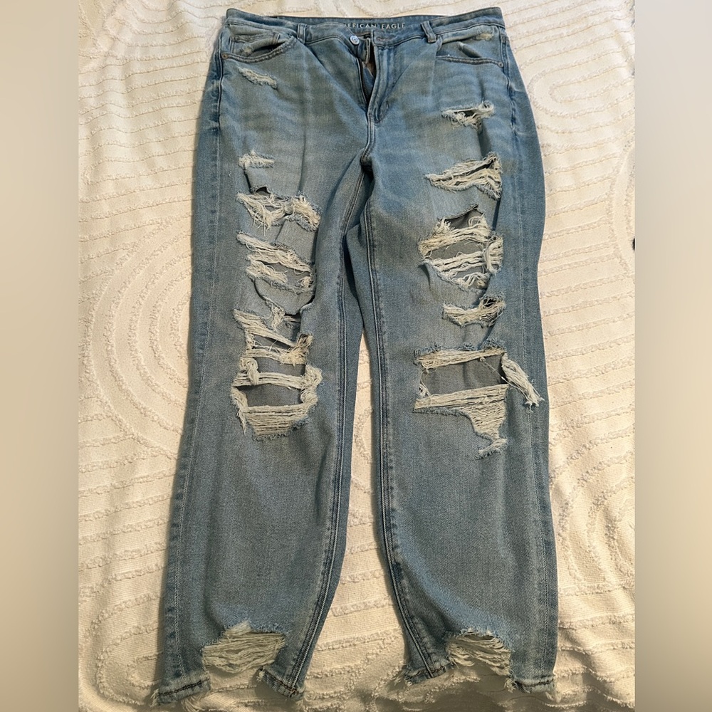 American Eagle super distressed light wash mom jeans
